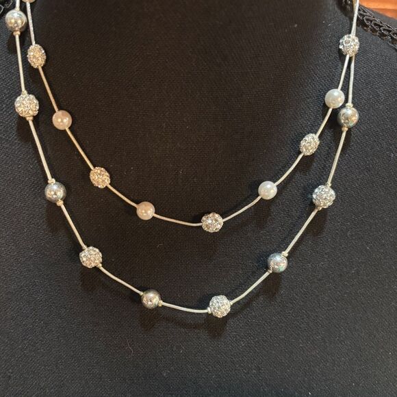Anne Klein Silver Tone Layered Necklace Faux Pearl Dangles  Anne Klein Silver pearl & diamond layering independent Necklaces